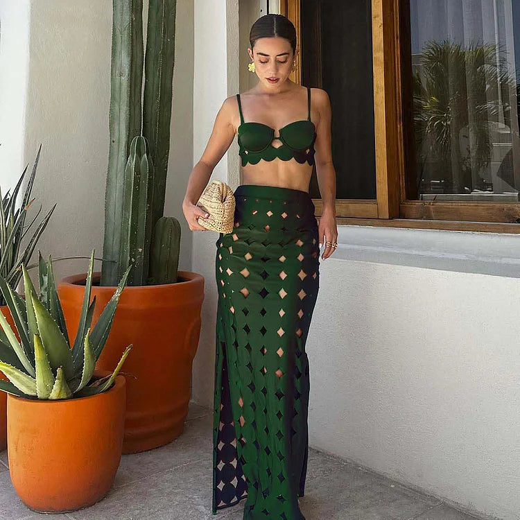 Yeşil Lazer Kesim Dairesel Bikini Takımı