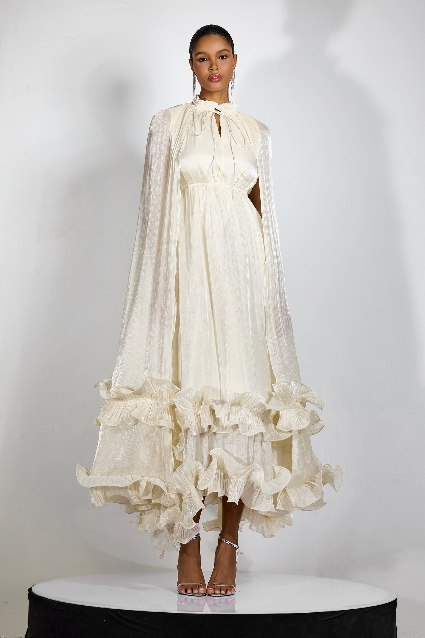 Cape-Style Ruffled Midi Dress
