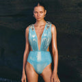 Blue Shiny Beaded Deep Slit Swimsuit Set