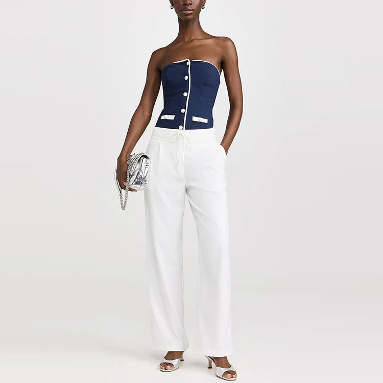 Lacivert Düğme Detaylı Şortlu Mayo Takımı