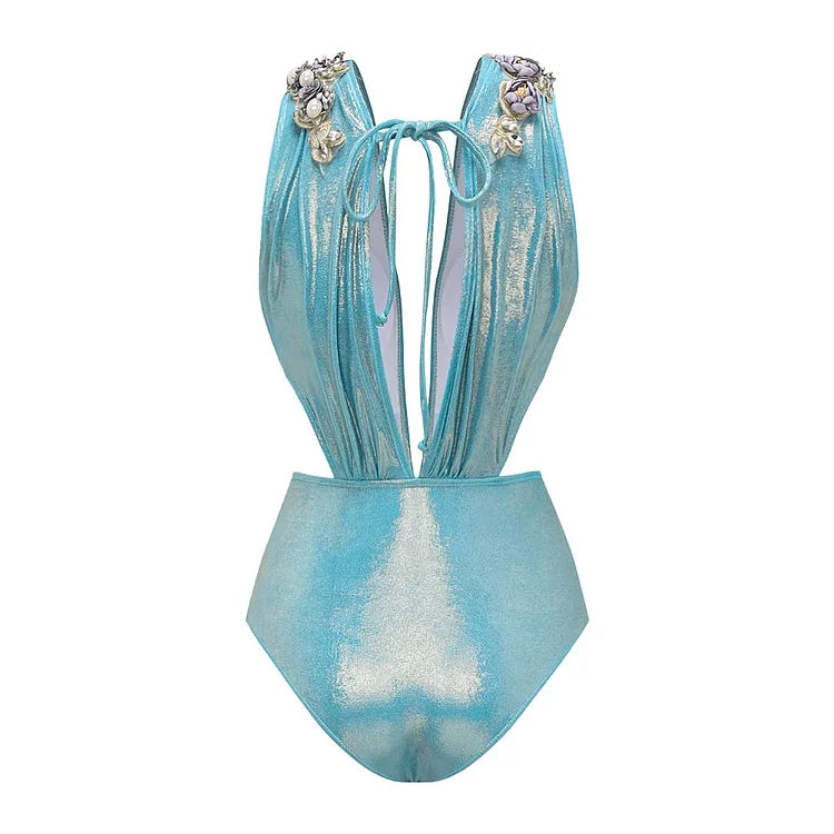 Blue Shiny Beaded Deep Slit Swimsuit Set