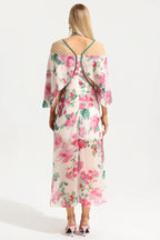 Floral V-Neck Lantern Sleeve Midi Dress