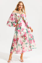 Floral V-Neck Lantern Sleeve Midi Dress