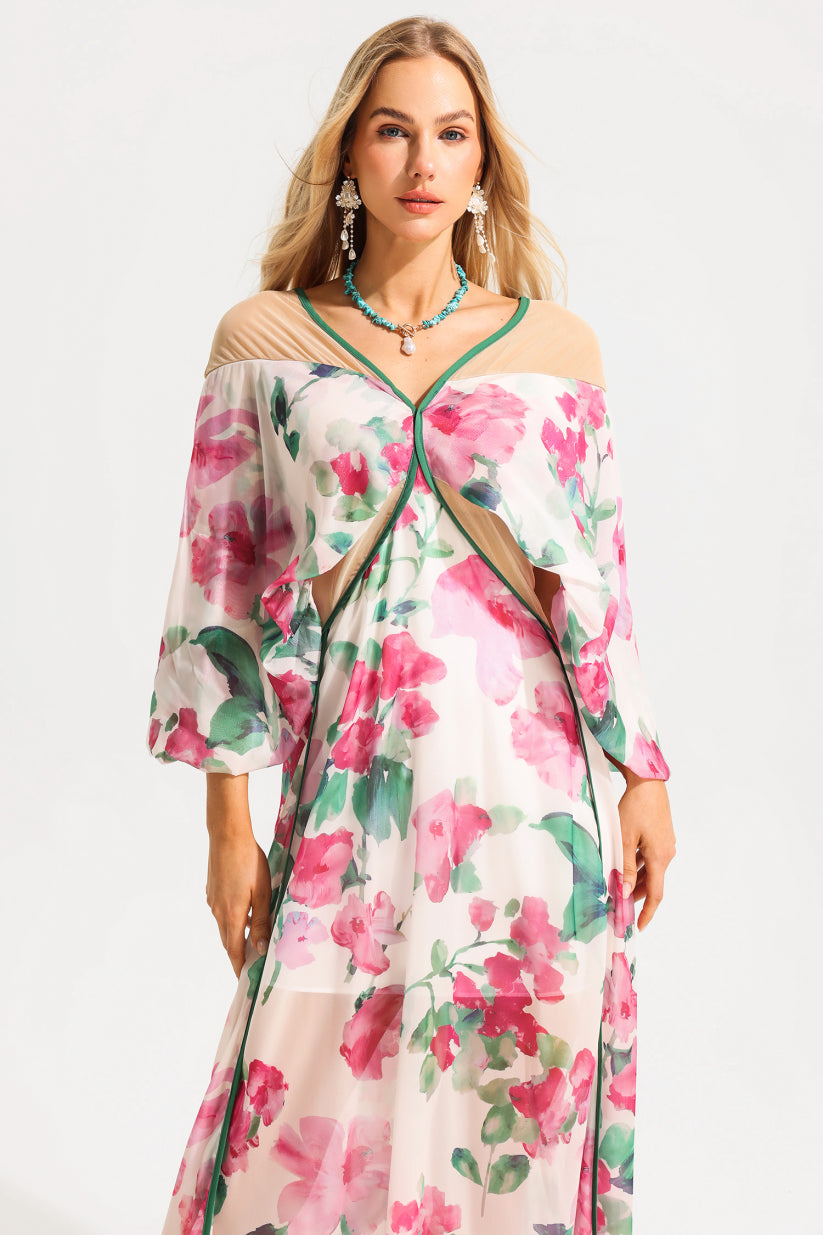 Floral V-Neck Lantern Sleeve Midi Dress