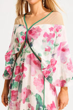 Floral V-Neck Lantern Sleeve Midi Dress