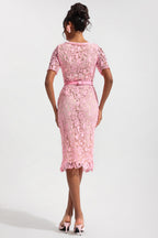 Lace Round Neck Midi Dress with Metal Buttons