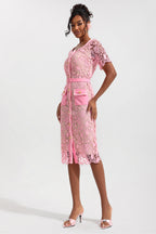 Lace Round Neck Midi Dress with Metal Buttons