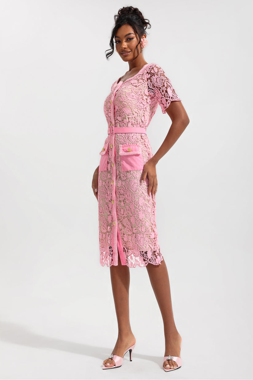 Lace Round Neck Midi Dress with Metal Buttons