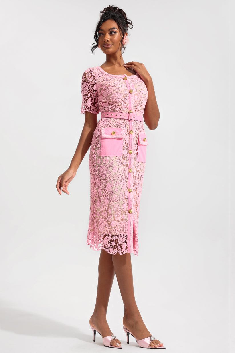 Dantelli Metal Düğmeli Yuvarlak Yaka Midi Elbise