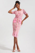 Lace Round Neck Midi Dress with Metal Buttons