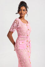 Lace Round Neck Midi Dress with Metal Buttons