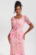 Lace Round Neck Midi Dress with Metal Buttons