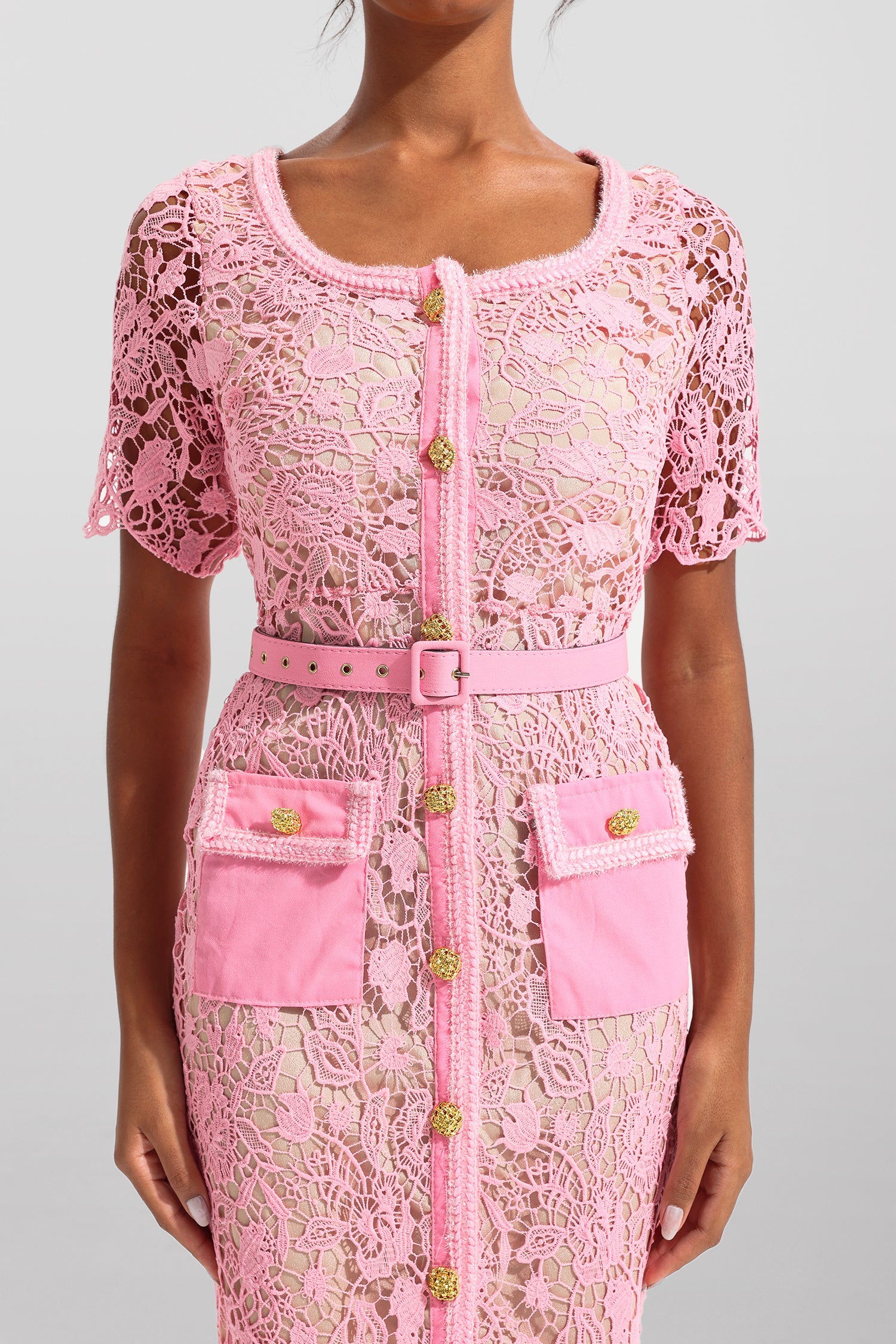 Lace Round Neck Midi Dress with Metal Buttons