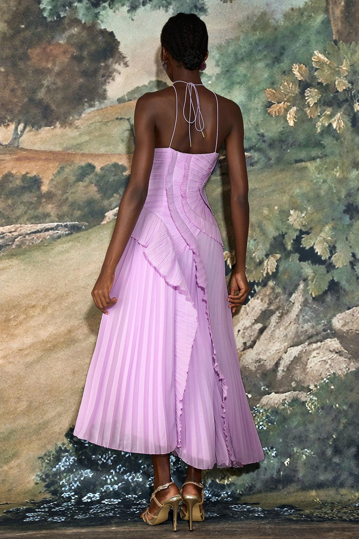 Pleated Ruffled Strappy Midi Dress