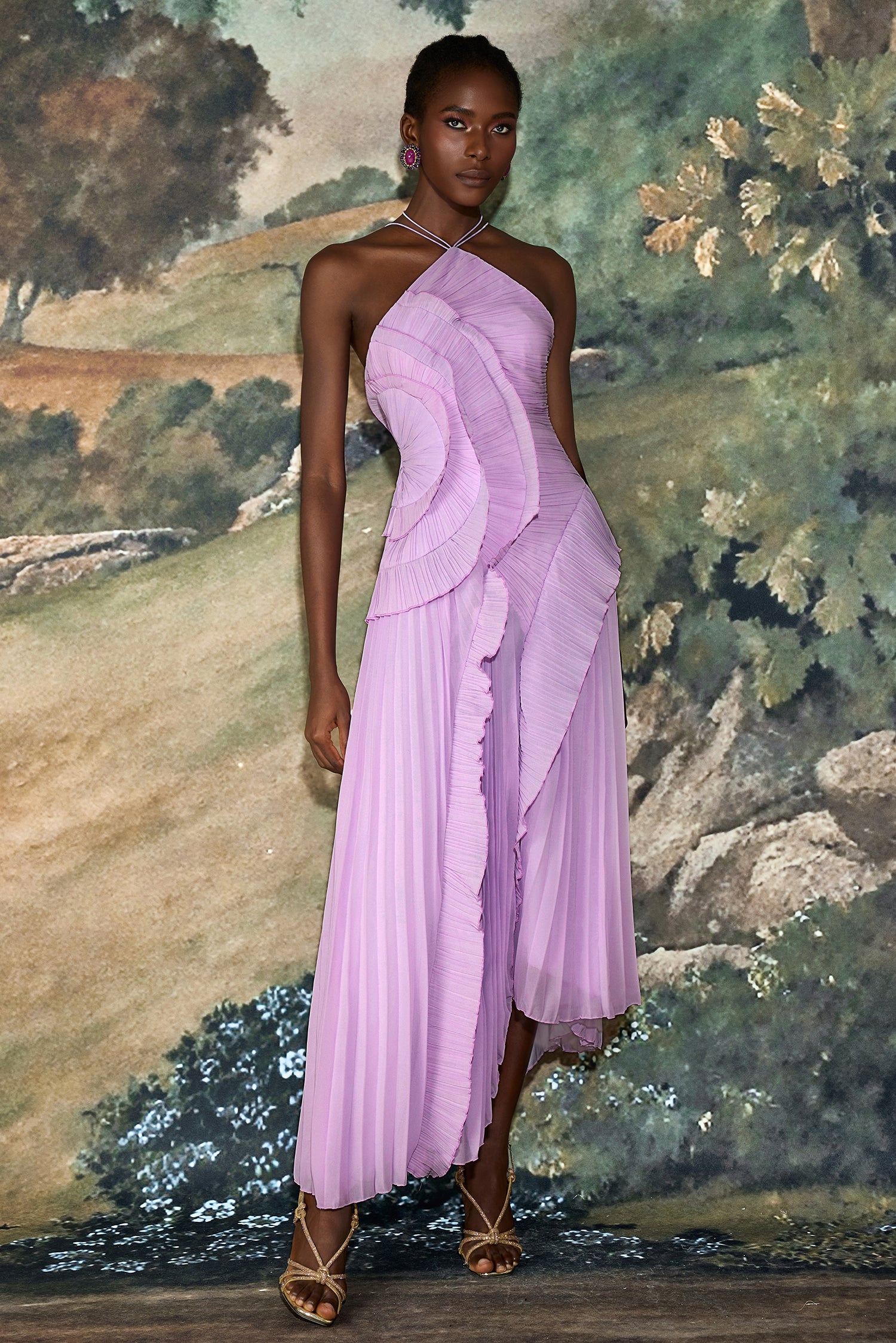 Pileli Fırfırlı Askılı Midi Elbise