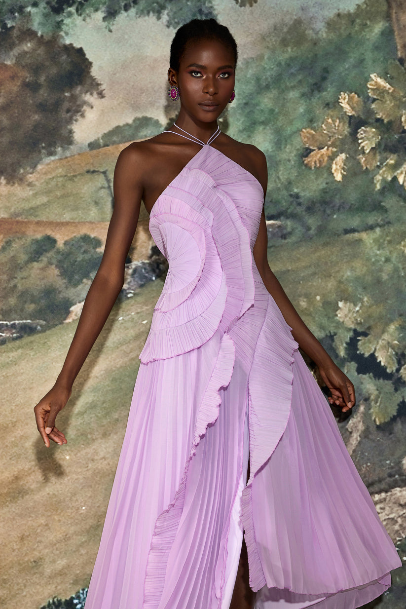 Pileli Fırfırlı Askılı Midi Elbise