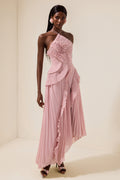 Pleated Ruffled Strappy Midi Dress