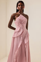 Pleated Ruffled Strappy Midi Dress