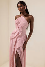 Pleated Ruffled Strappy Midi Dress