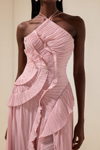 Pleated Ruffled Strappy Midi Dress