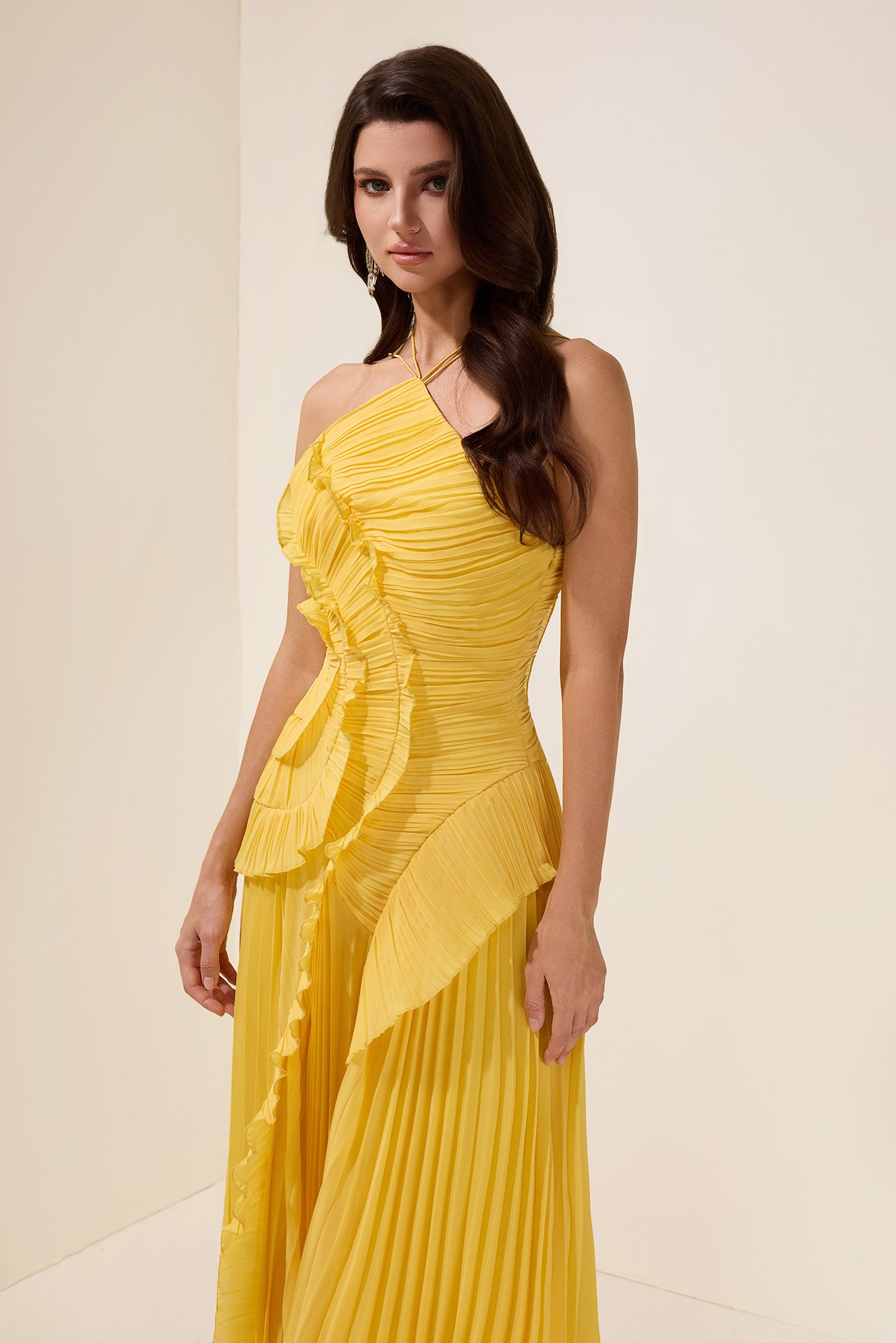 Pleated Ruffled Strappy Midi Dress