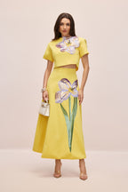 Angelica Short-Sleeved Top and Skirt Set with Floral Applique