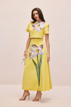 Angelica Short-Sleeved Top and Skirt Set with Floral Applique