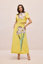 Angelica Short-Sleeved Top and Skirt Set with Floral Applique