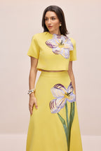 Angelica Short-Sleeved Top and Skirt Set with Floral Applique