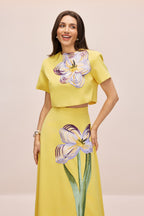 Angelica Short-Sleeved Top and Skirt Set with Floral Applique