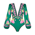 Deep V-Neck Printed Long-Sleeve Anti-Sun Swimsuit Set