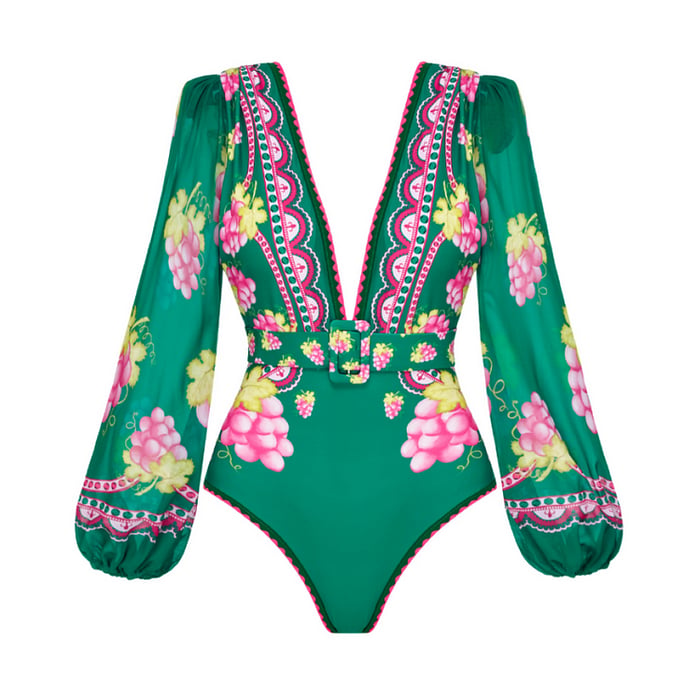 Deep V-Neck Printed Long-Sleeve Anti-Sun Swimsuit Set