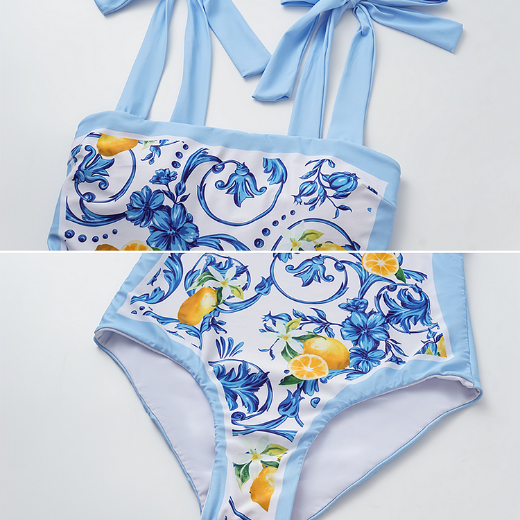 Lemon Patterned Swimsuit Set with Shoulder Straps