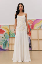 Andrea Flower Applique Pleated Chiffon Long Dress