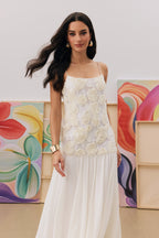 Andrea Flower Applique Pleated Chiffon Long Dress