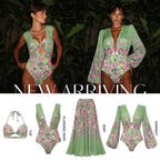 3-Piece Floral Top with Deep V-Neck Swimsuit Set