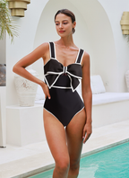 Black and White Swimsuit Set with Bow Front Trim