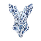 V-Neck Floral Patterned Wavy Swimsuit Set