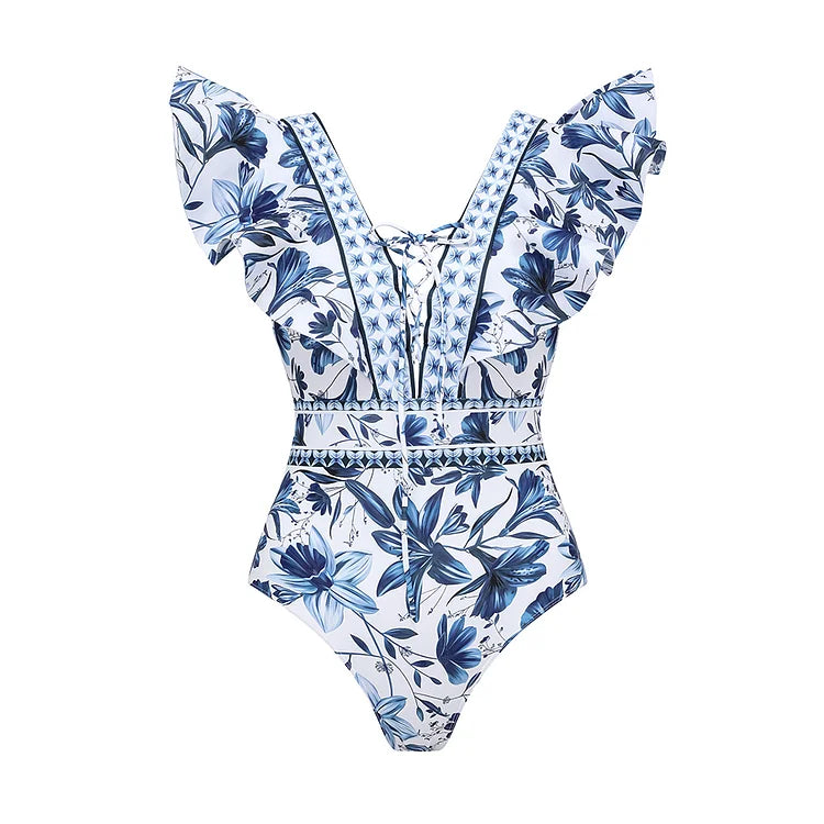 V-Neck Floral Patterned Wavy Swimsuit Set