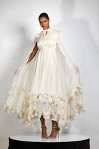 Cape-Style Ruffled Midi Dress