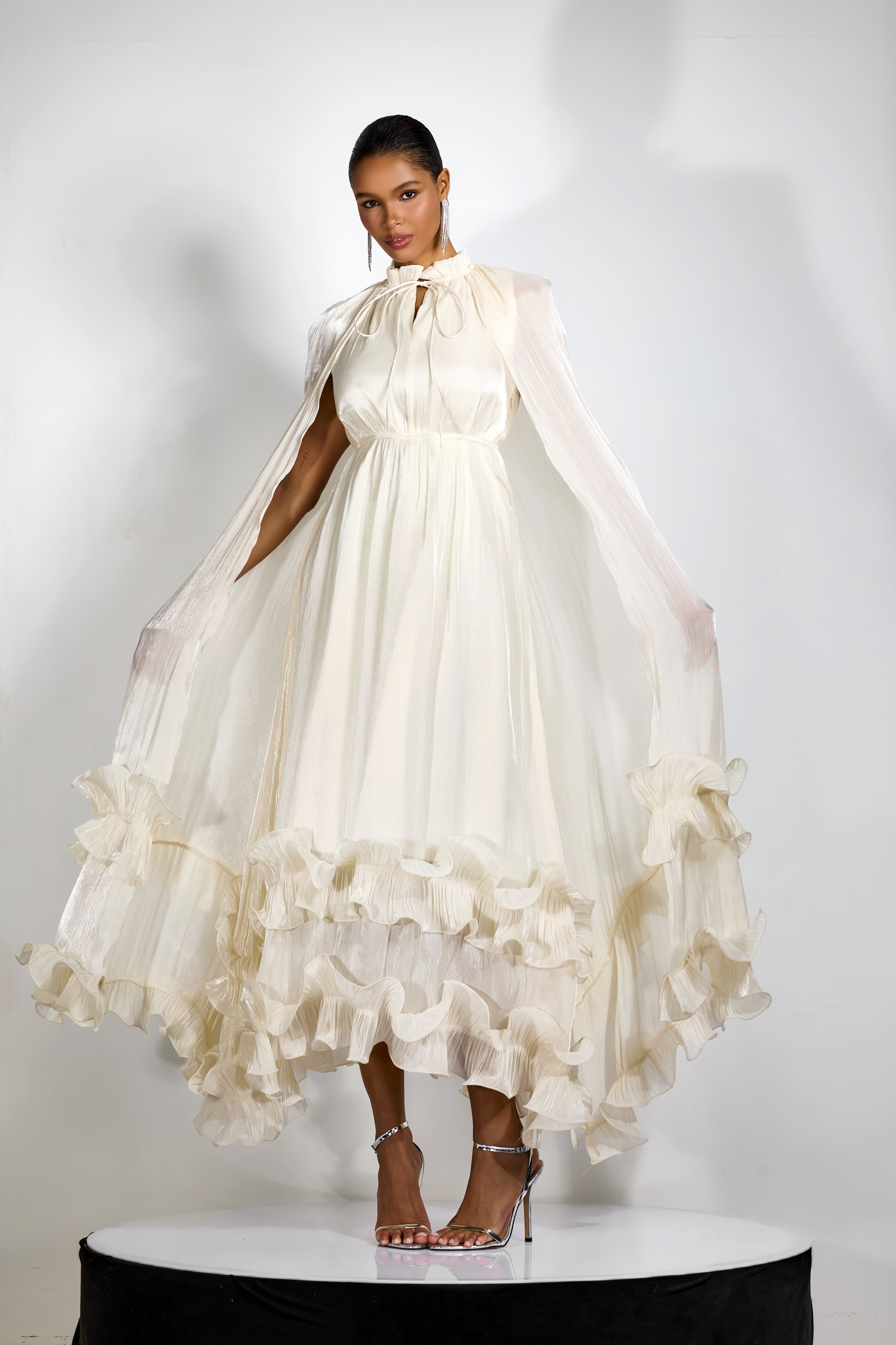 Cape-Style Ruffled Midi Dress
