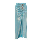 Blue Shiny Beaded Deep Slit Swimsuit Set