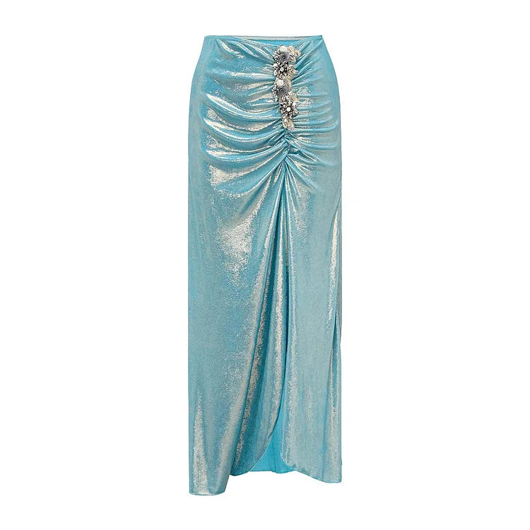 Blue Shiny Beaded Deep Slit Swimsuit Set