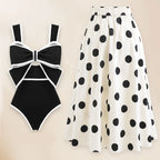 Black and White Swimsuit Set with Bow Front Trim