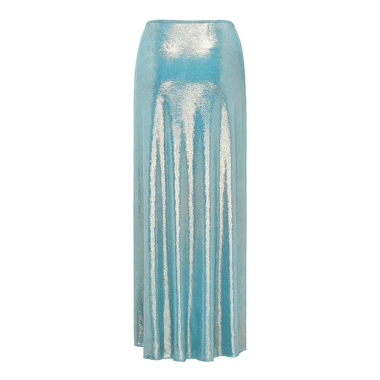 Blue Shiny Beaded Deep Slit Swimsuit Set