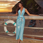Blue Shiny Beaded Deep Slit Swimsuit Set