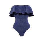 Denim Patterned Swimsuit Set with Wavy Top