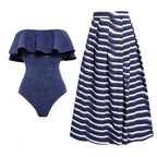 Denim Patterned Swimsuit Set with Wavy Top