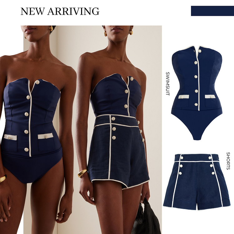 Navy Blue Button Detail Shorts Swimsuit Set