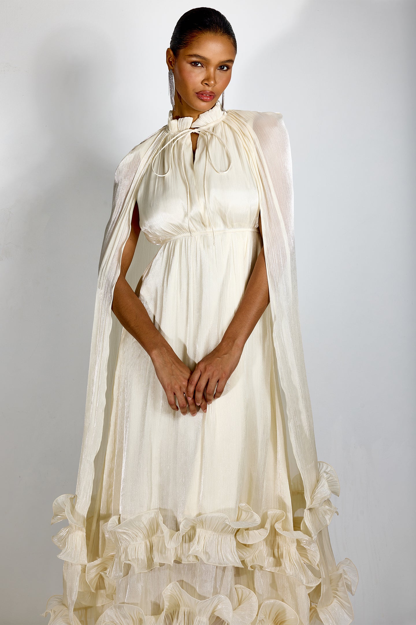 Cape-Style Ruffled Midi Dress